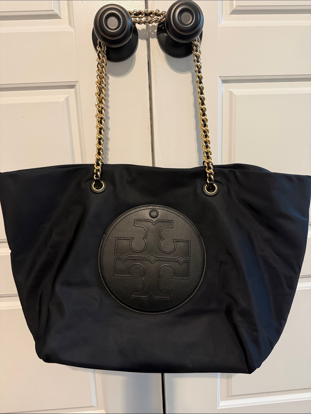 Tory Burch Black Nylon Logo Tote with Gold Chain Straps
